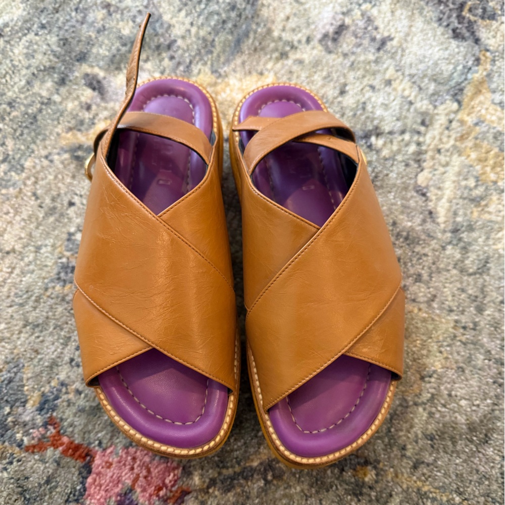 Marni Tan Leather/Wood Platform Sandals with Purple Footbed